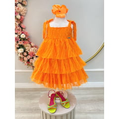 Vestido Infantil Laranja de Alça e Com Plumas Luxo