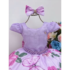 Vestido Infantil Lilás C/ Renda Pérolas e Laço Luxo