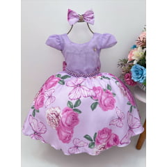 Vestido Infantil Lilás C/ Renda Pérolas e Laço Luxo