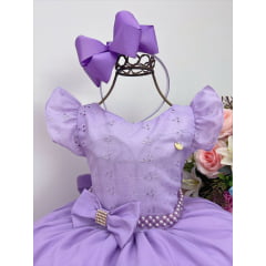 Vestido Infantil Lilás C/ Renda Pérolas e Strass Princesas