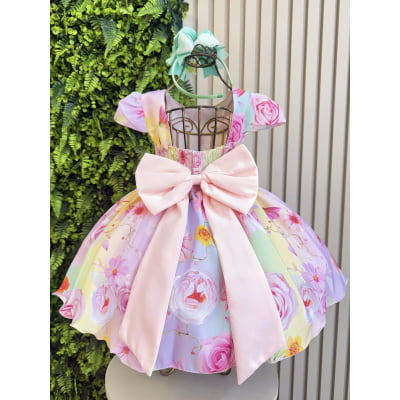 Vestido Infantil Lilás Primavera C/ Laço Strass Luxo
