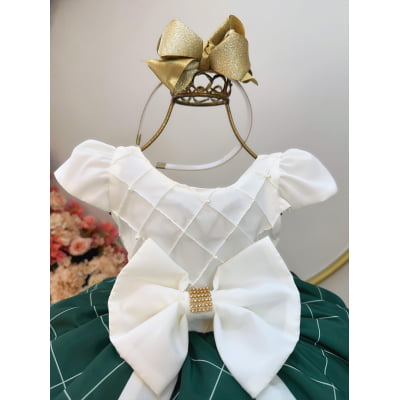 Vestido Infantil Marfim Busto Nervura e Saia Verde Bandeira