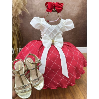 Vestido Infantil Marfim Busto Nervura e Saia Vermelha Festas