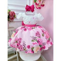 Vestido Infantil Marfim Busto Nervura Saia Rosa Florida