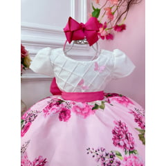 Vestido Infantil Marfim Busto Nervura Saia Rosa Florida