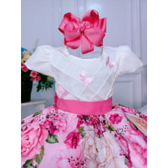 Vestido Infantil Marfim Busto Nervura Saia Rosa Florida