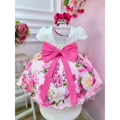 Vestido Infantil Marfim Busto Nervura Saia Rosa Florida