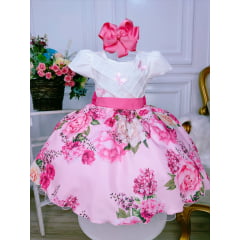 Vestido Infantil Marfim Busto Nervura Saia Rosa Florida