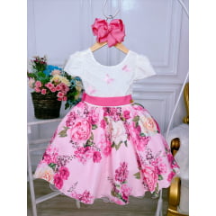 Vestido Infantil Marfim Busto Nervura Saia Rosa Florida