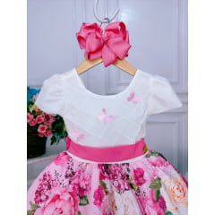 Vestido Infantil Marfim Busto Nervura Saia Rosa Florida