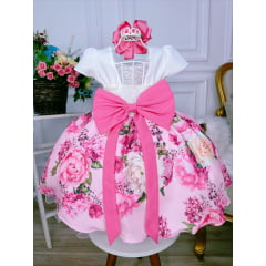 Vestido Infantil Marfim Busto Nervura Saia Rosa Florida