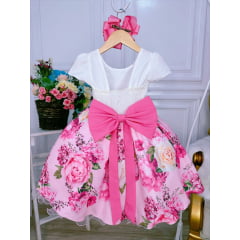 Vestido Infantil Marfim Busto Nervura Saia Rosa Florida