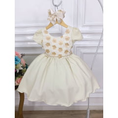 Vestido Infantil Marfim C/ Aplique Flores Douradas Luxo