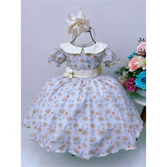 Vestido Infantil Marfim Florido Gola Boneca C/ Cinto e Broche