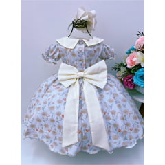 Vestido Infantil Marfim Florido Gola Boneca C/ Cinto e Broche