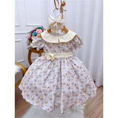 Vestido Infantil Marfim Florido Gola Boneca C/ Cinto e Broche