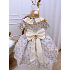 Vestido Infantil Marfim Florido Gola Boneca C/ Cinto e Broche