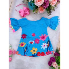 Vestido Infantil Azul Flores Modelo Trapézio