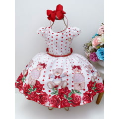 Vestido Infantil Off Bolinhas Vermelhas Ursinhos Festas