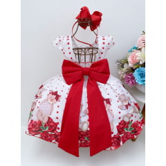 Vestido Infantil Off Bolinhas Vermelhas Ursinhos Festas