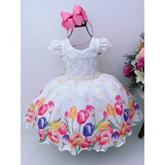 Vestido Infantil Off Peito Nervura Saia Florida Pérolas Luxo