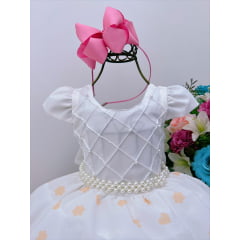 Vestido Infantil Off Peito Nervura Saia Florida Pérolas Luxo