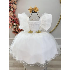 Vestido Infantil Off White C/ Broches Dourados Natal Festas