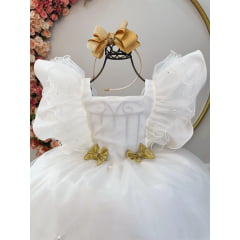 Vestido Infantil Off White C/ Broches Dourados Natal Festas