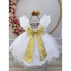 Vestido Infantil Off White C/ Broches Dourados Natal Festas