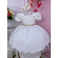 Vestido Infantil Off White C/ Renda Damas e Cinto de Pérolas