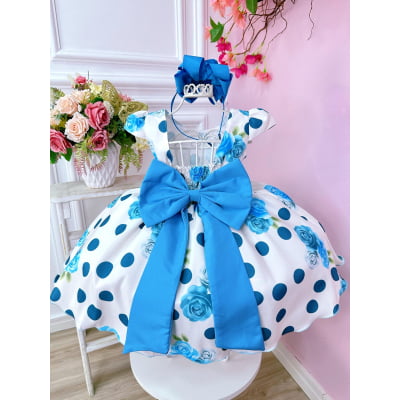 Vestido Infantil Off White e Azul Florido de Rosas Primavera