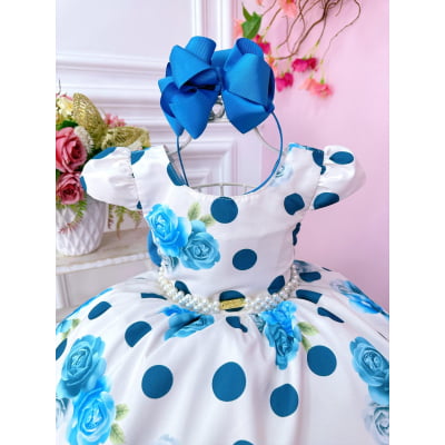 Vestido Infantil Off White e Azul Florido de Rosas Primavera