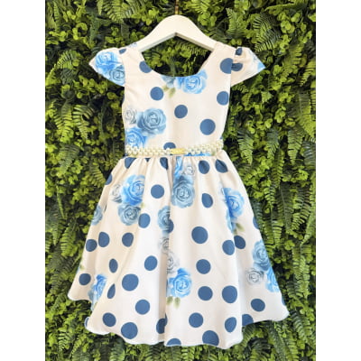Vestido Infantil Off White e Azul Florido de Rosas Primavera
