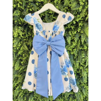 Vestido Infantil Off White e Azul Florido de Rosas Primavera