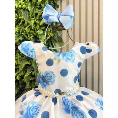 Vestido Infantil Azul Florido + Tiara ou Laço