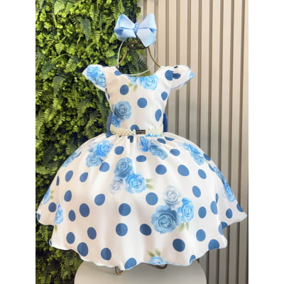 Vestido Infantil Azul Florido + Tiara ou Laço