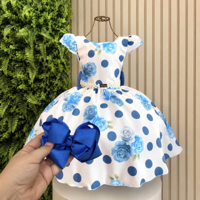 Vestido Infantil Azul Florido + Tiara ou Laço