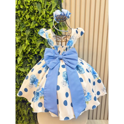 Vestido Infantil Azul Florido + Tiara ou Laço