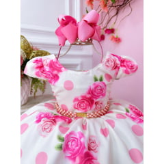 Vestido Infantil Off White e Rosa Florido de Rosas Primavera