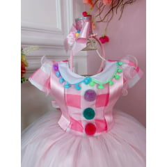 Vestido Infantil Circo Rosa Com Pompons Coloridos