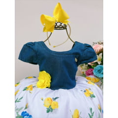 Vestido Infantil Peito Jeans Saia Branca Floral