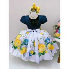 Vestido Infantil Peito Jeans Saia Branca Floral
