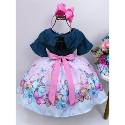 Vestido Infantil Peito Jeans Saia Rosa Borboletas Pérolas