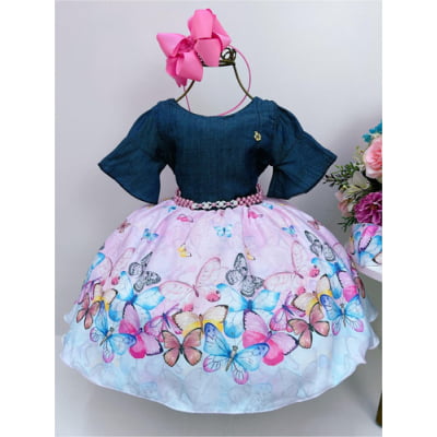 Vestido Infantil Peito Jeans Saia Rosa Borboletas Pérolas Vestido Infantil Peito Jeans Saia Rosa Borboletas Pérolas