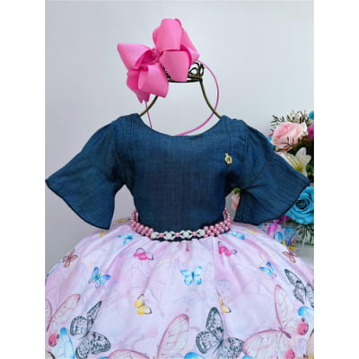 Vestido Infantil Peito Jeans Saia Rosa Borboletas Pérolas