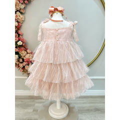 Vestido Infantil Pêssego de Alça e Com Plumas Luxo