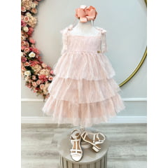 Vestido Infantil Pêssego de Alça e Com Plumas Luxo