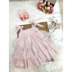 Vestido Infantil Pêssego de Alça e Com Plumas Luxo