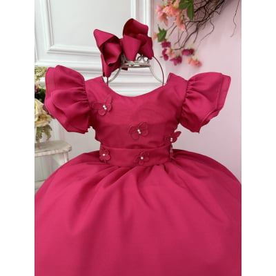 Vestido Infantil Pink Com Apliques de Borboletas e Flores