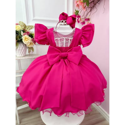 Vestido Infantil Pink Com Apliques de Borboletas e Flores